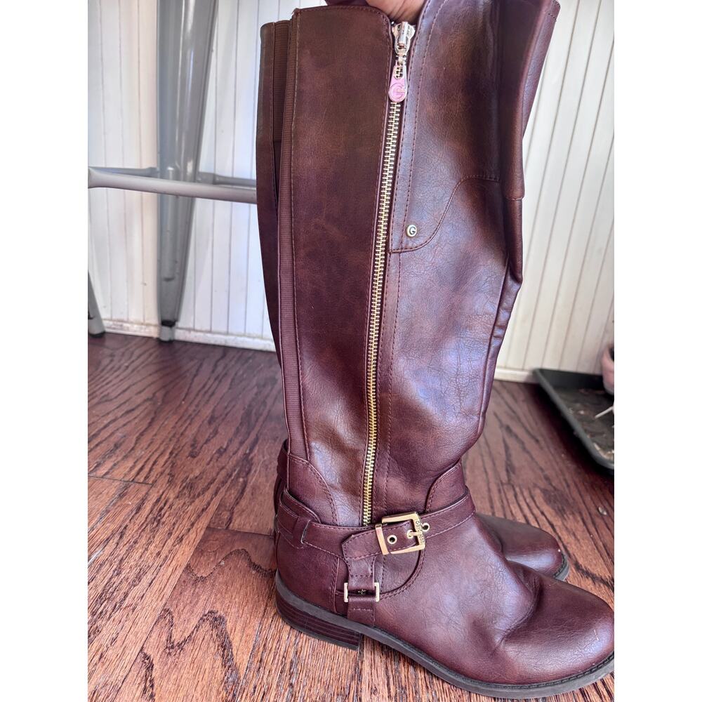 G by GUESS Tall Brown Leather Riding Boots | Buckle Detail Zip Boots Size 8